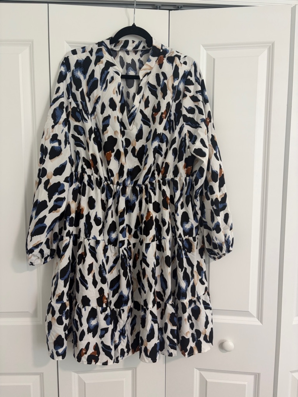 Girls White Leopard Print Tiered Dress with Blue & Brown Spots